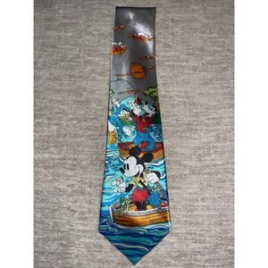 Disney Mickey Mouse Donald Duck Goofy Fishing Necktie Blue Grey Novelty Silk Tie